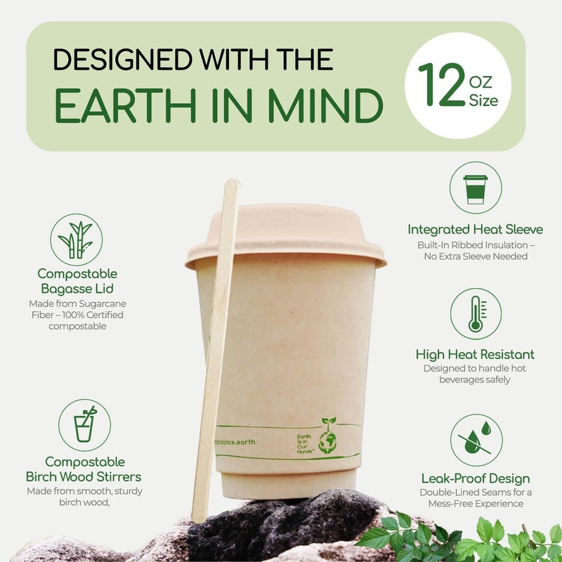 LB LIVING BALANCE Living Balance Certified Compostable Coffee Cups with Bagasse Lids 12 oz â€“ 75 Pack Cups with Stirrers & Integrated Sleeves | Leak Proof, BPA-Free & CPLA Certified Plant-based | To-Go cup for Drinks - Image 3